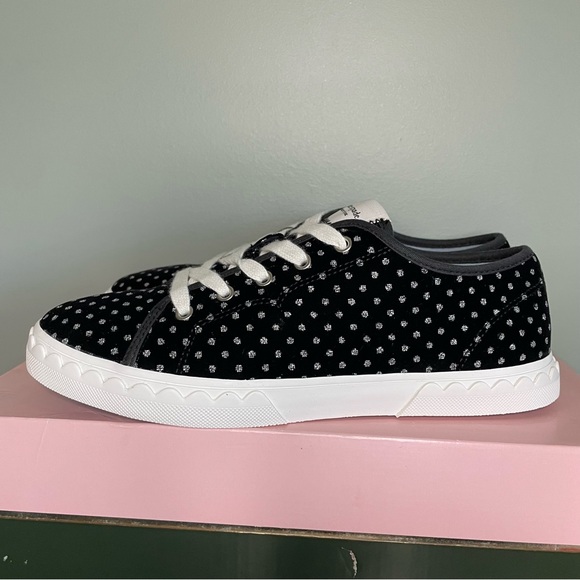 KATE SPADE Vale Black Silver Glitter Dotted Low Top Velvet Sneaker Scalloped 7.5 - Picture 3 of 16